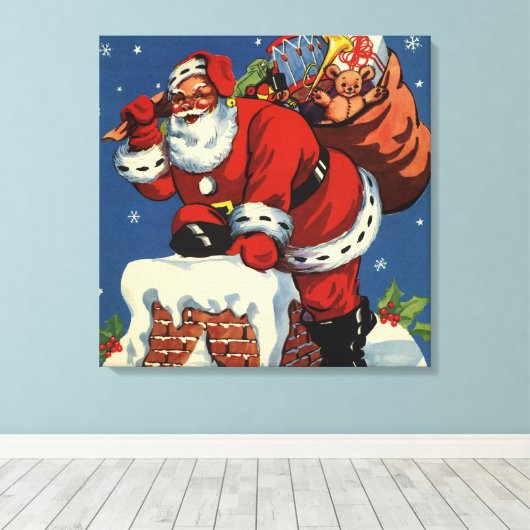 ヴィンテージクリスマス、サンタクロースDown Chimney w Toys キャンバスプリント (インサイチュ (ウッドフロア))