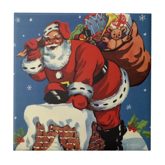ヴィンテージクリスマス、サンタクロースDown Chimney w Toys タイル (正面)