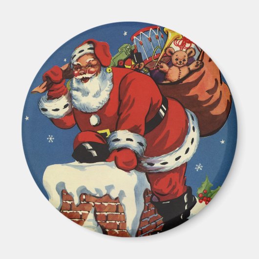ヴィンテージクリスマス、サンタクロースDown Chimney w Toys マグネット (正面)