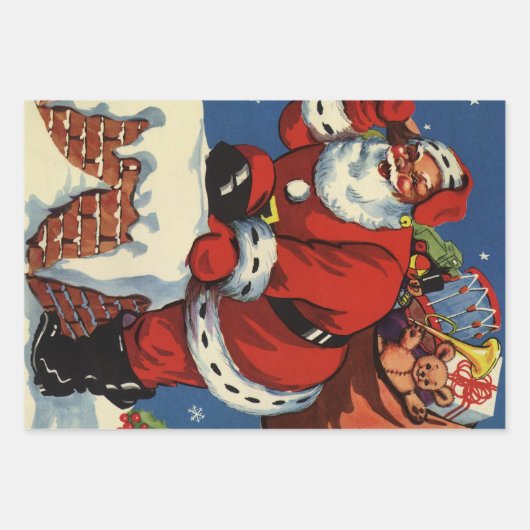 ヴィンテージクリスマス、サンタクロースDown Chimney w Toys ラッピングペーパーシート (正面3)
