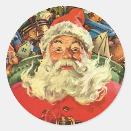 ヴィンテージクリスマス、サンタ・クラウスのおもちゃつき ラウンドシール (正面)