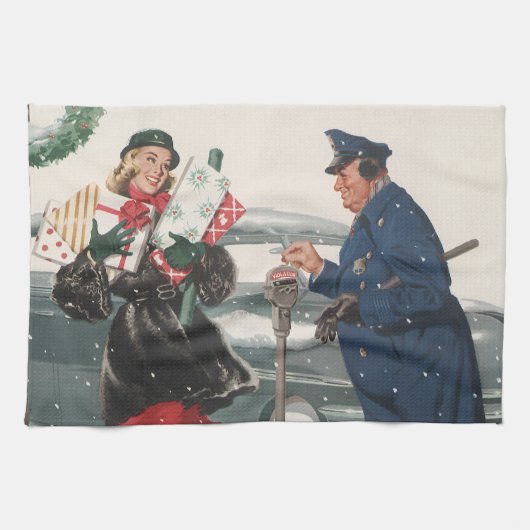 ヴィンテージクリスマス、ショッピングプレゼント警官 キッチンタオル (横)