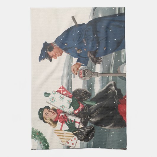 ヴィンテージクリスマス、ショッピングプレゼント警官 キッチンタオル (縦)