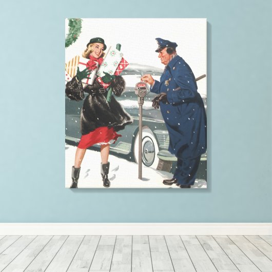 ヴィンテージクリスマス、ショッピングプレゼント警官 キャンバスプリント (インサイチュ (ウッドフロア))