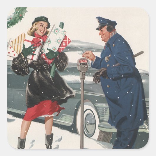 ヴィンテージクリスマス、ショッピングプレゼント警官 スクエアシール (正面)