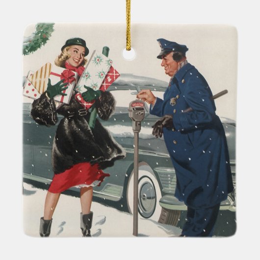 ヴィンテージクリスマス、ショッピングプレゼント警官 セラミックオーナメント (裏面)