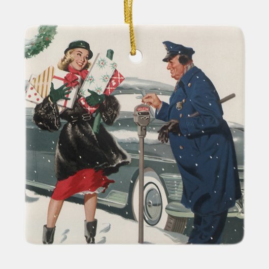ヴィンテージクリスマス、ショッピングプレゼント警官 セラミックオーナメント (正面)