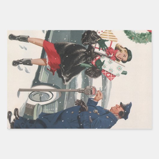 ヴィンテージクリスマス、ショッピングプレゼント警官 ラッピングペーパーシート (正面)