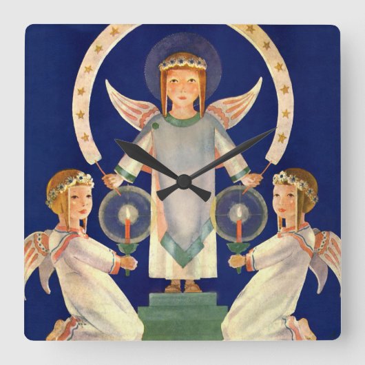 ヴィンテージクリスマス、スカンジナビアのサンタ・ルシア・エンジェル スクエア壁時計 (正面)