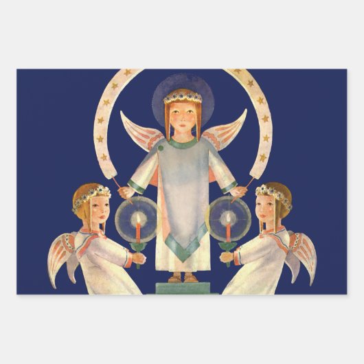 ヴィンテージクリスマス、スカンジナビアのサンタ・ルシア・エンジェル ラッピングペーパーシート (正面)