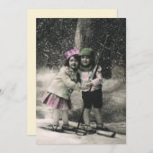 ヴィンテージクリスマス、スキーで遊ぶ親友たちへの招待状 招待状 (正面/裏面)