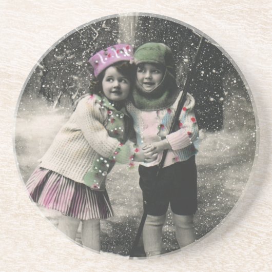 ヴィンテージクリスマス、スキーで遊ぶ親友たち コースター (正面)