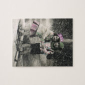 ヴィンテージクリスマス、スキーで遊ぶ親友たち ジグソーパズル (横)