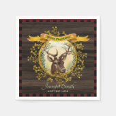 ヴィンテージクリスマス スタッグ バッファロープレイド パーソナライズ スタンダードカクテルナプキン (正面)