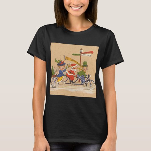 ヴィンテージクリスマス、タンデム自転車に乗るサンタクロース Tシャツ (正面)