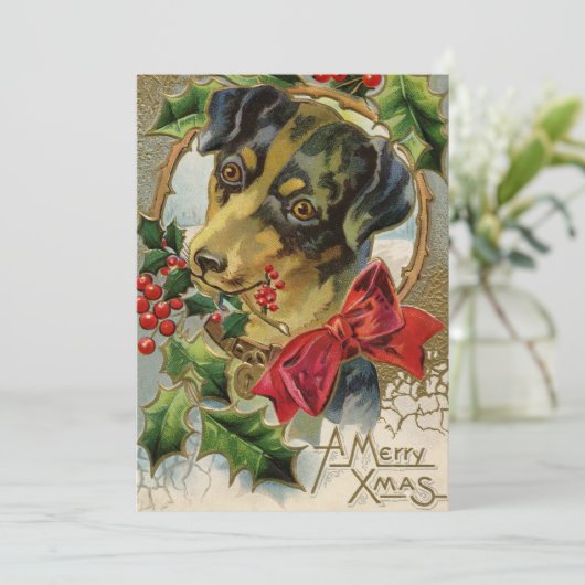 ヴィンテージクリスマス、ダックスシュントの子犬ホリー シーズンカード (スタンド正面)