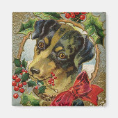ヴィンテージクリスマス、ダックスシュントの子犬ホリー マグネット (正面)