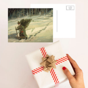 ヴィンテージクリスマス、ツリーを運ぶサンタクロース シーズンポストカード