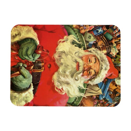 ヴィンテージクリスマス、トナカイが引くソリに乗ったサンタクロース マグネット (横)