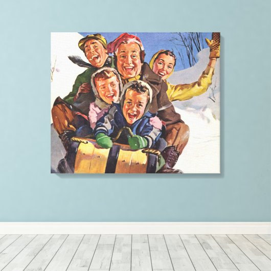 ヴィンテージクリスマス、ハッピー ファミリー トボガン スレッジング キャンバスプリント (インサイチュ (ウッドフロア))