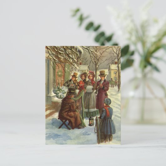 ヴィンテージクリスマス、ビクトリアンミュージシャンカロリング シーズンポストカード (スタンド正面)