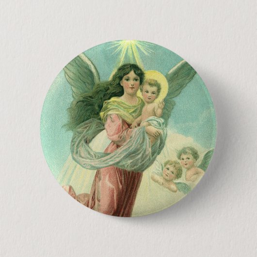 ヴィンテージクリスマス、ビクトリア時代の天使と幼児イエス 缶バッジ (正面)
