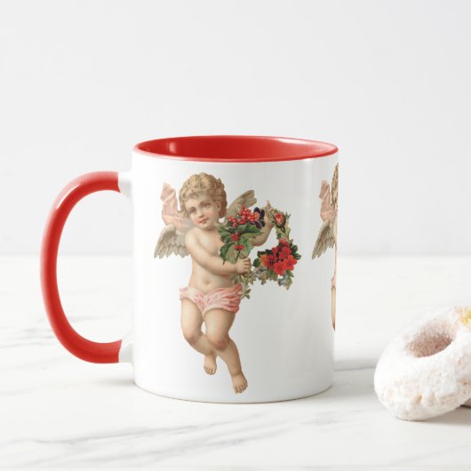 ヴィンテージクリスマス、ビクトリア時代の天使と花輪 マグカップ (ドーナツ)