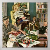 ヴィンテージクリスマス、ファミリーラッピングプレゼント ポスター (正面)