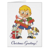 ヴィンテージクリスマス、プレゼントと子犬の男の子 (正面)