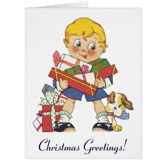 ヴィンテージクリスマス、プレゼントと子犬の男の子 (正面)
