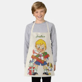 ヴィンテージクリスマス、プレゼントと子犬の男の子 エプロン (着用した状態)