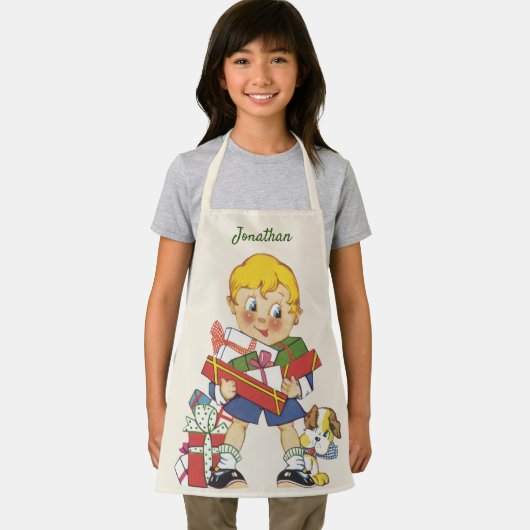 ヴィンテージクリスマス、プレゼントと子犬の男の子 エプロン (インサイチュ)