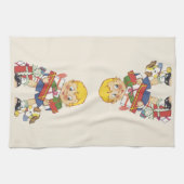 ヴィンテージクリスマス、プレゼントと子犬の男の子 キッチンタオル (横)
