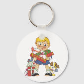 ヴィンテージクリスマス、プレゼントと子犬の男の子 キーホルダー (正面)