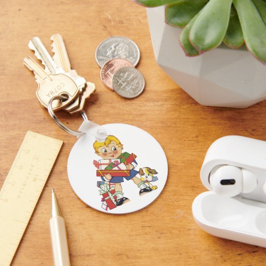 ヴィンテージクリスマス、プレゼントと子犬の男の子 キーホルダー (デスク)