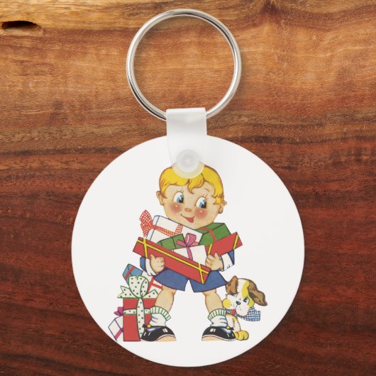 ヴィンテージクリスマス、プレゼントと子犬の男の子 キーホルダー (正面)