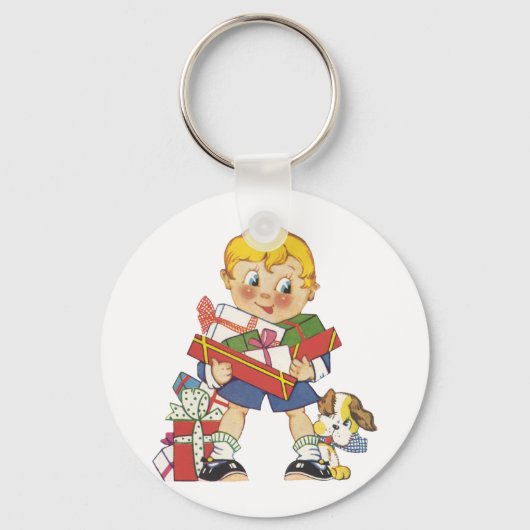 ヴィンテージクリスマス、プレゼントと子犬の男の子 キーホルダー (裏面)