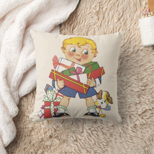 ヴィンテージクリスマス、プレゼントと子犬の男の子 クッション (ブランケット)