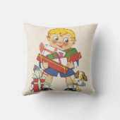 ヴィンテージクリスマス、プレゼントと子犬の男の子 クッション (裏面)