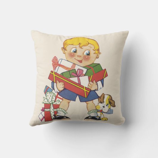 ヴィンテージクリスマス、プレゼントと子犬の男の子 クッション (裏面)