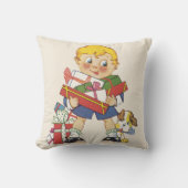ヴィンテージクリスマス、プレゼントと子犬の男の子 クッション (正面)