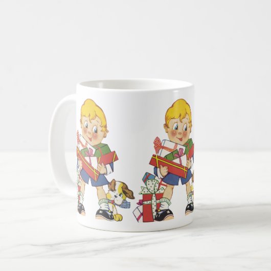 ヴィンテージクリスマス、プレゼントと子犬の男の子 コーヒーマグカップ (正面左)