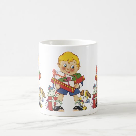 ヴィンテージクリスマス、プレゼントと子犬の男の子 コーヒーマグカップ (中央)