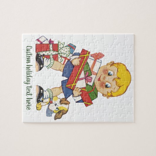 ヴィンテージクリスマス、プレゼントと子犬の男の子 ジグソーパズル (横)