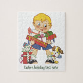 ヴィンテージクリスマス、プレゼントと子犬の男の子 ジグソーパズル (縦)