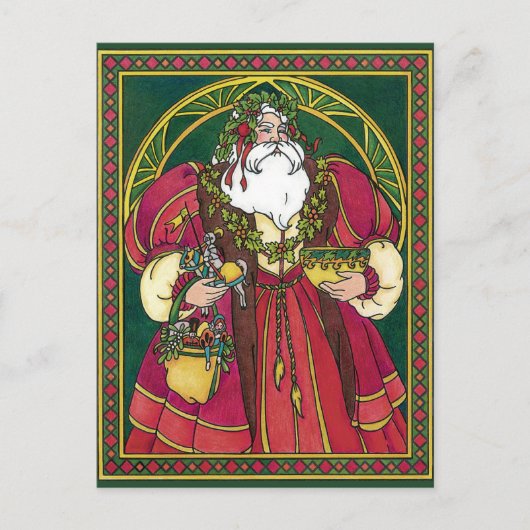 ヴィンテージクリスマス、ホリーリーフのサンタクロース シーズンポストカード (正面)