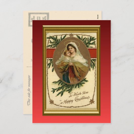 ヴィンテージクリスマス、メアリーとベビーイエス シーズンポストカード (正面/裏面)