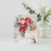 ヴィンテージクリスマス。レトロサンタクロースとトナカイ シーズンポストカード (スタンド正面)