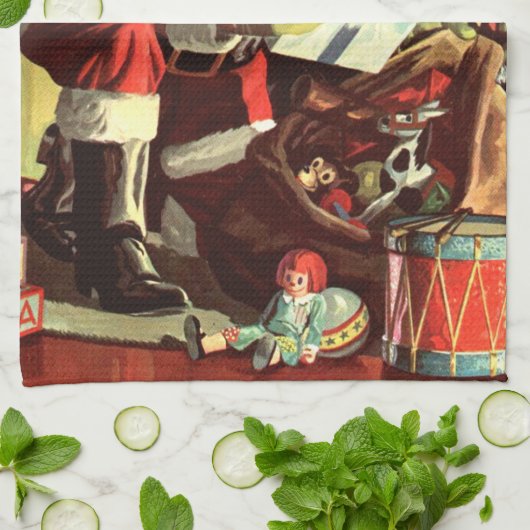 ヴィンテージクリスマス、レトロサンタクロースとプレゼント キッチンタオル (折り畳み)