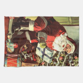 ヴィンテージクリスマス、レトロサンタクロースとプレゼント キッチンタオル (横)